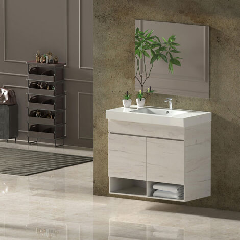 Conjunto de Baño NEBARI - 7 colores distintos 2 puertas o un cajón a elegir- incluye mueble, lavabo y espejo se envía MONTADO Blanco Nórdico 80x45Cm
