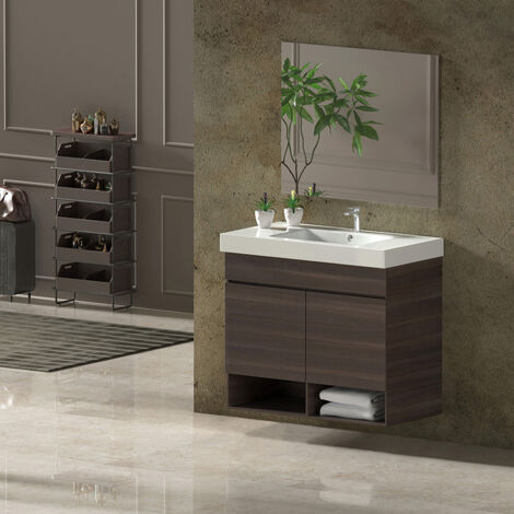 Conjunto de Baño NEBARI - 7 colores distintos 2 puertas o un cajón a elegir- incluye mueble, lavabo y espejo se envía MONTADO Fresno Tea 60x45Cm