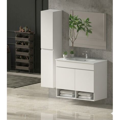 Conjunto Mueble de baño NEBARI ya montado 2 puertas, lavabo y espejo Blanco brillo 50x40 cm Con columna (1/2)