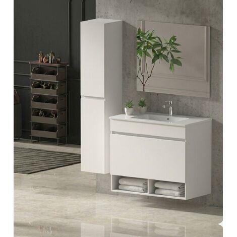 Conjunto Mueble de baño NEBARI ya montado 1 cajón, lavabo y espejo Blanco brillo 50x40 cm Con columna (1/3)
