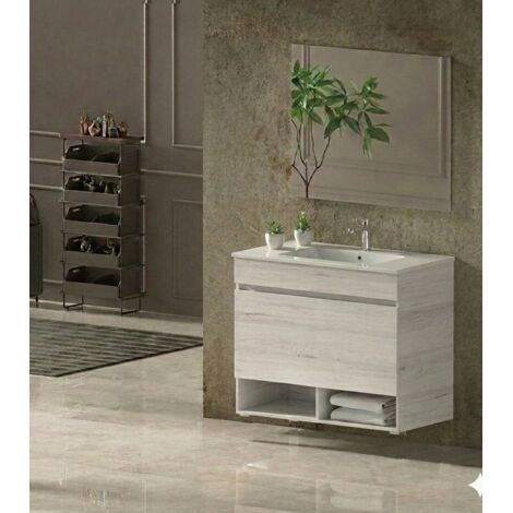 Conjunto Mueble de baño NEBARI ya montado 1 cajón, lavabo y espejo Blanco nordico 80x45 cm (1/3)