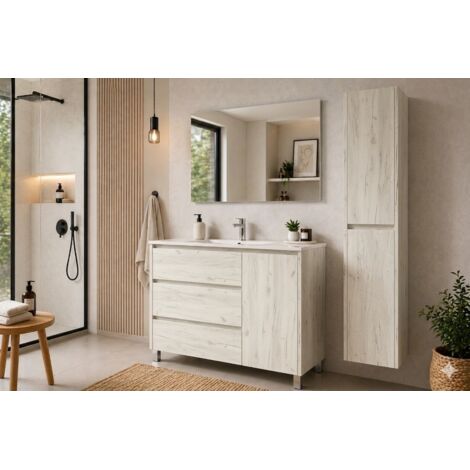 Conjunto Mueble de baño VOLUM ya montado 3 cajones y puerta , lavabo y espejo  Blanco nordico 100x45 cm Con columna