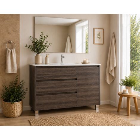 Conjunto Mueble de baño VOLUM ya montado 3 cajones y puerta , lavabo y espejo Fresno tea 100x40 cm