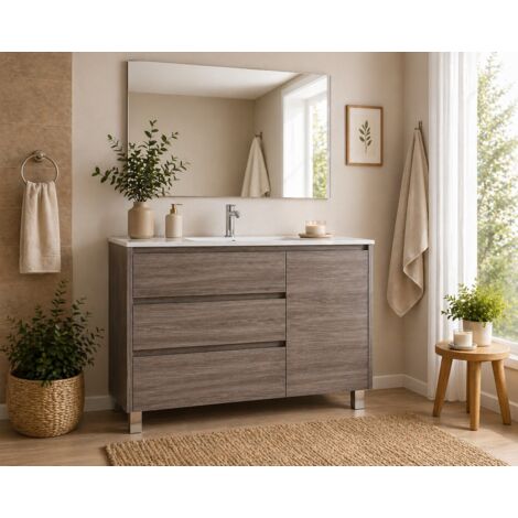 Conjunto Mueble de baño VOLUM ya montado 3 cajones y puerta , lavabo y espejo  Roble Smoky 80x45 cm