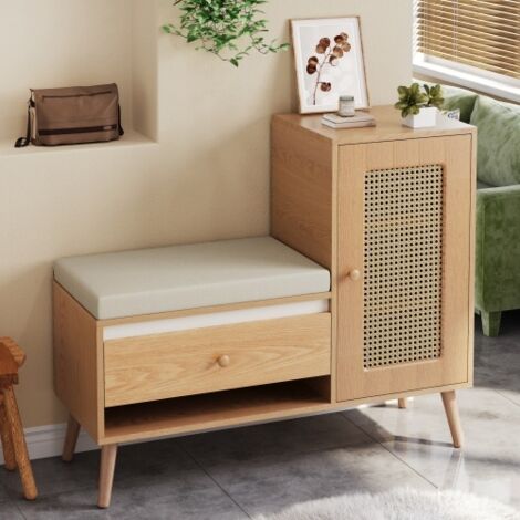 Meuble à chaussures, banc d'entrée en rotin avec rangement pour chaussures et coussin d'assise – Banc d'entrée multifonctionnel avec tiroirs et compartiments ouverts, une porte de placard