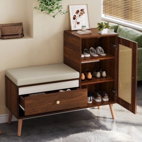 Meuble à chaussures, banc d'entrée en rotin avec rangement pour chaussures et coussin d'assise – Banc d'entrée multifonctionnel avec tiroirs et compartiments ouverts, une porte de placard