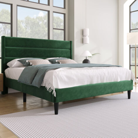 Lit capitonné 140 x 200 cm, cadre de lit avec sommier à lattes et tête de lit, lit double capitonné, revêtement en velours vert foncé, design moderne intemporel, lit enfant (1/5)