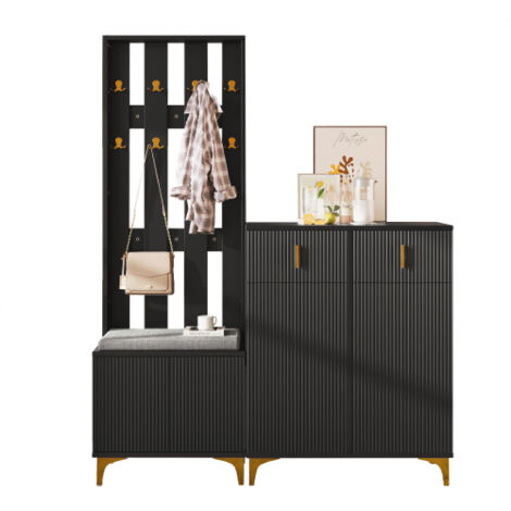 Ensemble armoire avec banc à chaussures et coussin, façade d'armoire avec crochets, meuble à chaussures avec tiroirs et portes (1/5)