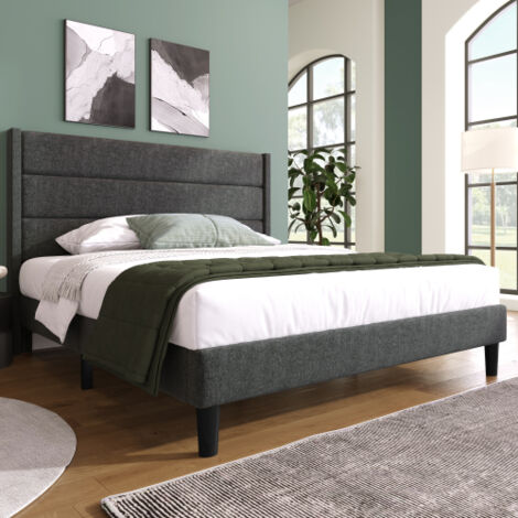 Lit rembourré 140 x 200 cm, cadre de lit avec sommier à lattes et tête de lit, lit double rembourré, revêtement en lin gris foncé, design moderne intemporel, lit enfant (1/5)