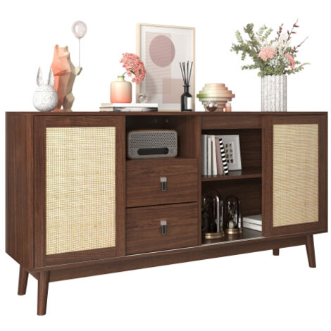 Buffet à 3 portes coulissantes en rotin véritable et 2 tiroirs, 155 x 38 x 80 cm, respirant, stable et polyvalent (1/5)