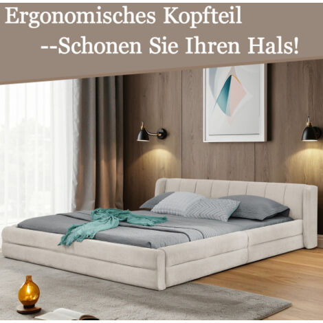 Lit double 140×200cm, tissu chenille, dossier confortable, cadre robuste en eucalyptus et fer, facile à monter, beige (sans matelas) (1/5)