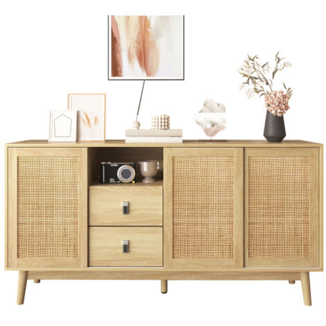 Buffet à 3 portes coulissantes en rotin véritable et 2 tiroirs, 155 x 38 x 80 cm, respirant, stable et polyvalent (1/5)