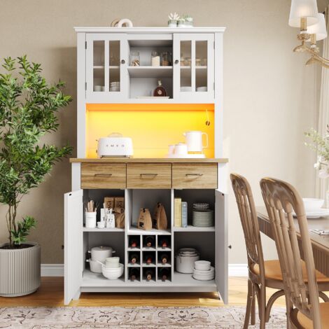 Meuble de cuisine, 106 x 40 x 179,5 cm, armoire haute, buffet de cuisine, vitrine, buffet avec étagères réglables, vaisselier avec éclairage LED, buffet (tiroirs couleur bois) (1/5)
