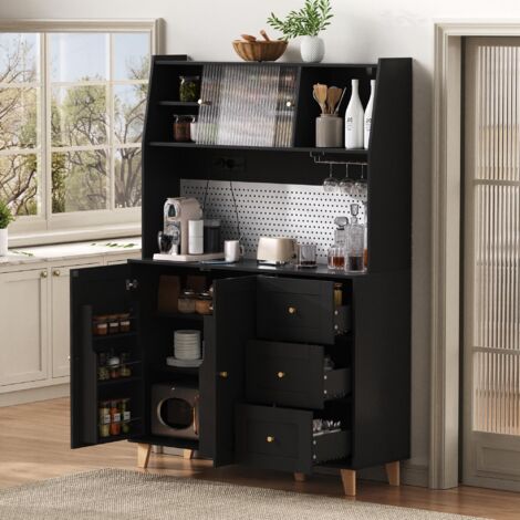 Armoire haute avec prises et panneau perforé, meuble bar avec porte-verres à vin et espace de rangement, buffet de cuisine avec tiroirs, idéal pour la cuisine et la salle à manger (noir) (1/5)