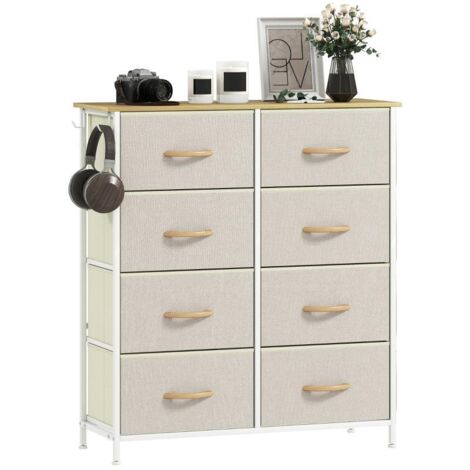 Commode de chambre à coucher avec 8 tiroirs en tissu, montants en acier, plateau en bois, 4 poches de rangement, 2 crochets, beige (1/5)