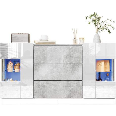 Buffet élégant à 2 portes et 3 tiroirs – façades blanches laquées et aspect marbre gris, éclairage LED 16 couleurs, 140 x 35 x 75 cm (1/5)