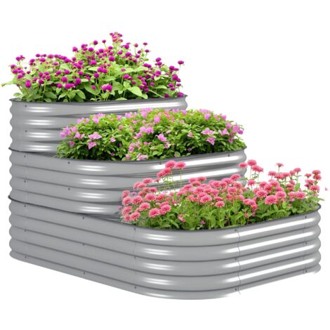 Jardinière surélevée d'extérieur à 3 niveaux, support à fleurs, 158 x 109 x 82 cm, argent (1/5)