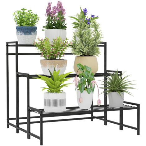 Support pour pots de fleurs, étagère à plantes à 3 niveaux en escalier, pour une utilisation intérieure et extérieure, en métal noir.