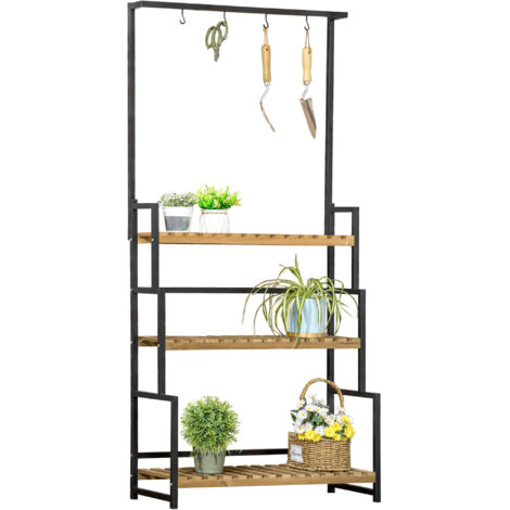Support à fleurs 3 étages 80x36x174 cm, jardinière en bois naturel avec crochets, balcon, terrasse ou jardin, étagère robuste (1/5)