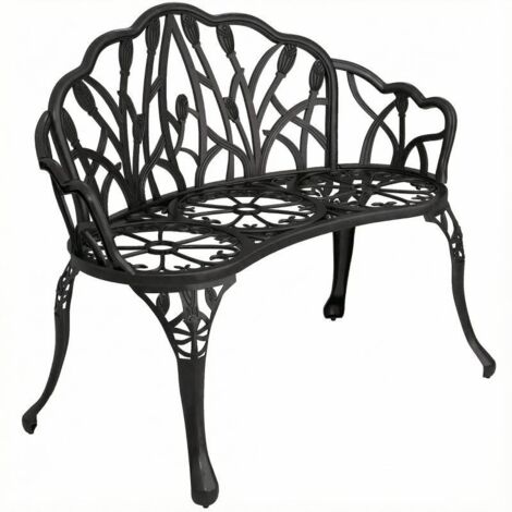 Banc de jardin 2 places, en aluminium moulé, résistant aux intempéries, avec dossier tulipe, motif floral, 99 x 57 x 78 cm (1/5)