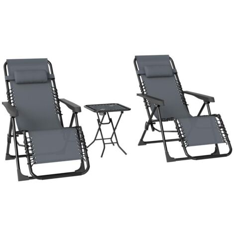 Ensemble de 2 chaises longues pliables, position zéro gravité, avec appuie-têtes et table d'appoint comprenant 2 porte-gobelets. (1/5)