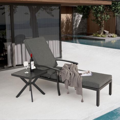 Chaise longue de patio avec coussin en coton, chaise longue inclinable réglable en aluminium antirouille pour piscine, coussin gris imperméable (1 pièce) (1/5)