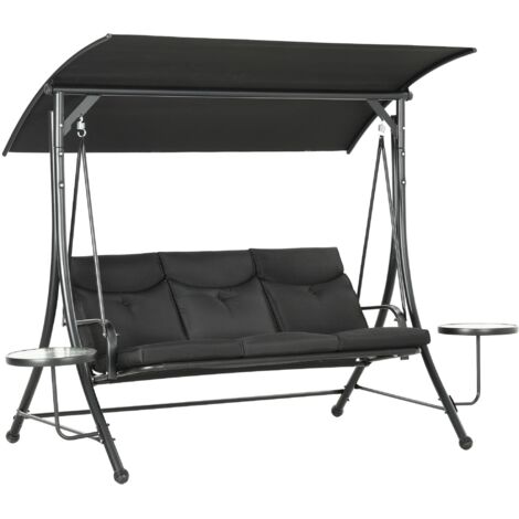 Balancelle 3 places avec tables intégrées, pare-soleil réglable, charge 300 kg, 271 x 125 x 177 cm, noire (1/5)