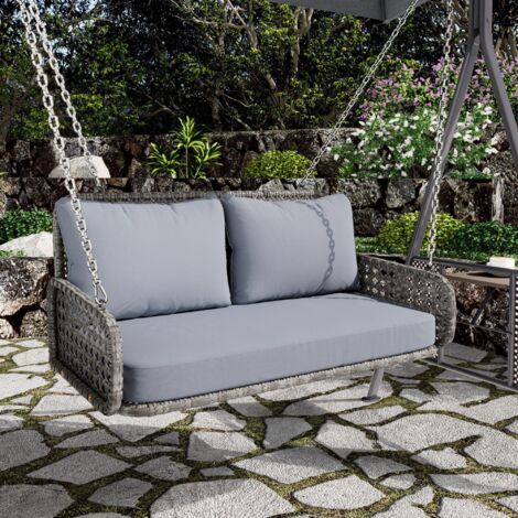 Balancelle double suspendue en rotin PE pour le jardin, avec coussins et 2 chaînes (240 cm chacune), sans structure, coussins déhoussables et lavables, charge maximale 320 kg, gris (1/5)