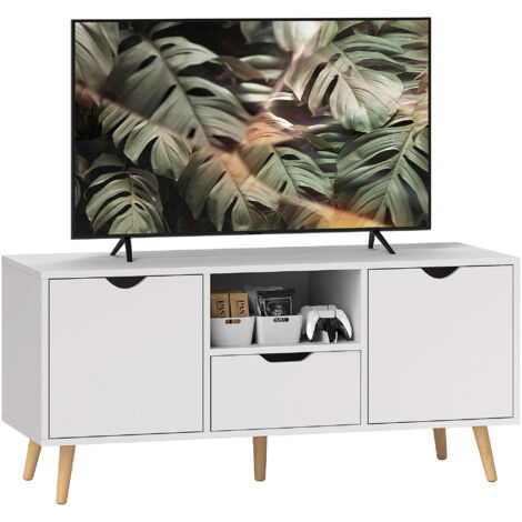 Meuble TV jusqu'à 50 pouces avec tiroir, étagère ouverte et placards, 110 x 40 x 50 cm, blanc et bois (1/5)