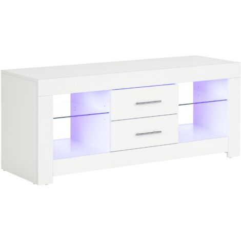 Meuble TV 55 pouces avec éclairage LED 12 couleurs et télécommande, meuble de salon en bois avec étagères en verre, 120 x 40 x 50 cm, blanc (1/5)