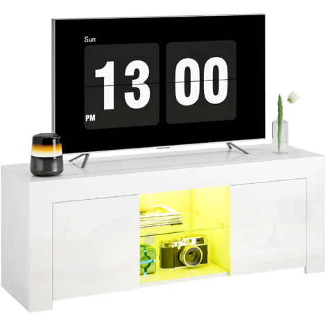 Meuble TV avec éclairage LED, 2 portes, étagère en verre, passe-câbles, pour salon, panneaux de particules, blanc (1/5)