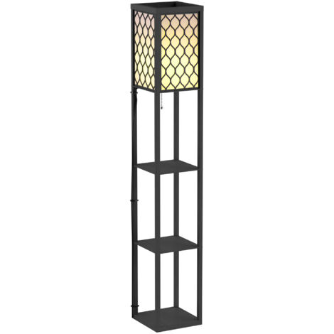 Lampadaire sur pied avec étagères 26x26x160 cm, 4 niveaux, MDF noir nid d'abeille, design moderne pour chambre ou bureau (1/5)
