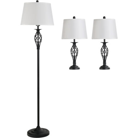 Set 3 lampes salon et chambre, 2 lampadaires + 1 lampe de table, style vintage, métal noir et blanc, interrupteur au pied (1/5)