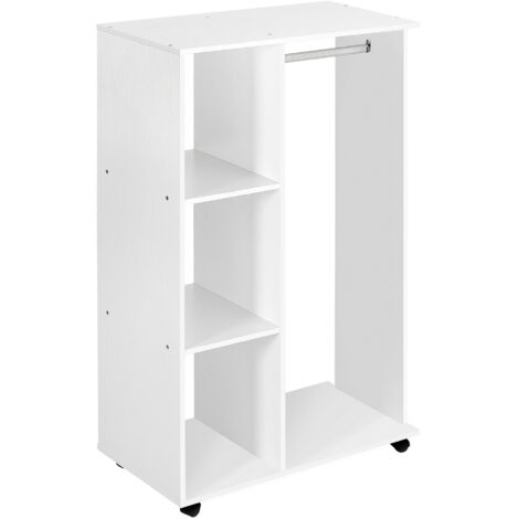 Penderie mobile blanche avec roulettes, 3 étagères latérales et grand espace penderie, panneaux de particules, rangement pratique (1/5)