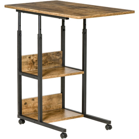Table basse industrielle en forme de C, table de chevet design réglable en hauteur, 3 étagères et 4 roulettes avec freins, marron rustique (1/5)