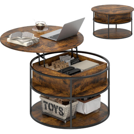 Table basse ronde avec plateau relevable, espace de rangement, étagères latérales, structure en acier, marron (1/5)