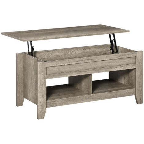 Table basse à plateau relevable 105x50x49-62,5 cm, étagères et compartiment caché, aspect chêne clair, pour salon ou chambre (1/5)