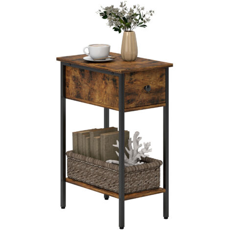 Table d'appoint avec compartiment ouvert et tiroir, table de chevet, pieds en métal, bois, marron (1/5)