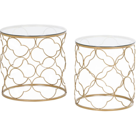 Ensemble de 2 tables basses gigognes Art Déco en métal avec plateau en verre, dorées (1/5)