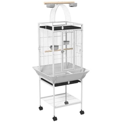 Cage à oiseaux, cage pour perroquet avec 3 portes, 2 perchoirs, roulettes pivotantes à 360°, mangeoire, étagère, aire de jeu, 62,5 x 62,5 x 156 cm, blanche (1/5)