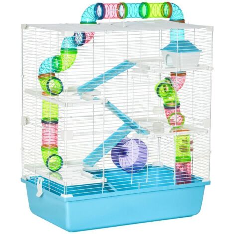 Cage rongeurs 5 niveaux avec rampe, roue, gamelle et biberon, acier/plastique, 59 x 36 x 69 cm, bleu/blanc (1/5)
