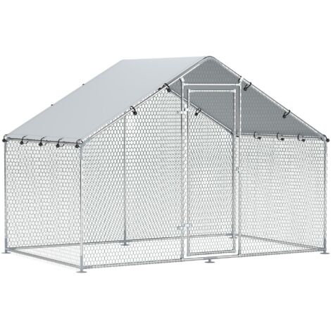 Poulailler/enclos extérieur 3 x 1,7 x 1,9 m avec serrure, poulailler en acier galvanisé avec toit étanche et anti-UV, pour poules, petits animaux et plantes, couleur argent.
