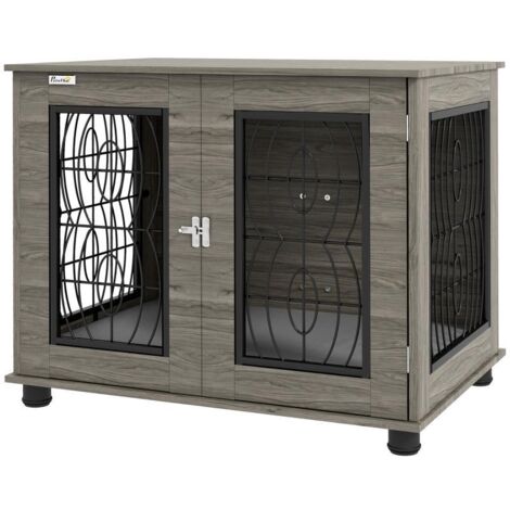 Cage pour chien avec coussin de couchage, jusqu'à 20 kg/50 cm de longueur, en métal, 80 x 56 x 63 cm, décor gris/bois (1/5)