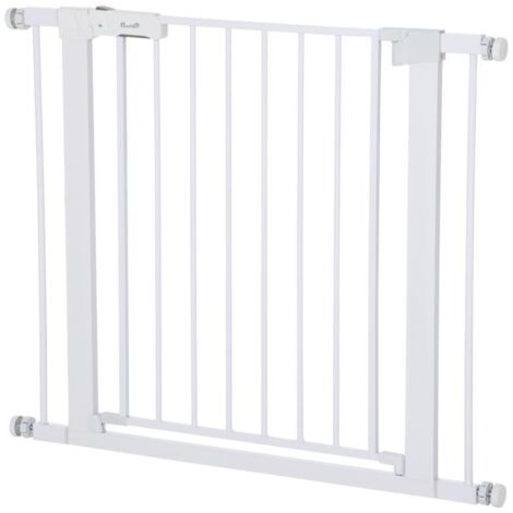 Barrière de sécurité pour bébé, installation sans perçage, largeur réglable de 75 à 96 cm, ouverture d'une seule main, métal, blanc, fermeture automatique (1/5)