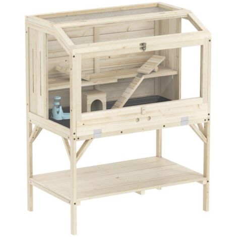 Cage pour hamster, 2 niveaux, petite cage avec compartiment de rangement, accessoires, 84 x 53 x 110 cm, bois naturel (1/5)