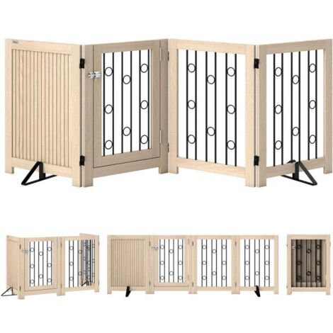 Barrière pour animaux autoportante, barrière pour chien avec porte, 4 panneaux, pour couloir, escalier, encadrement de porte, MDF, acier (1/5)