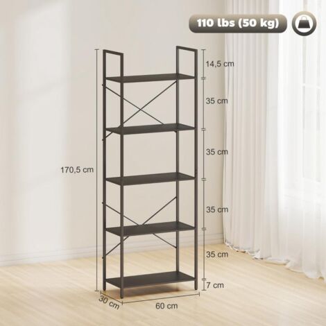 Étagère 5 niveaux autoportante, style industriel métal, rangement ouvert salon/bureau, 60 x 30 x 170,5 cm, noire (1/5)