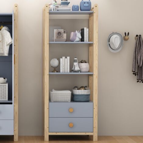 Étagère autoportante, 2 tiroirs, 4 étagères, structure en pin, poignées en bois massif, pour salon, chambre, bibliothèque, bleu et bois naturel, 70 × 44 × 180 cm (1/5)