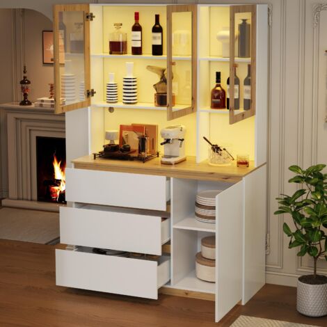 Vitrine haute 120 x 200 cm avec LED, plan de travail, meuble multifonction autoportant, blanc/chêne