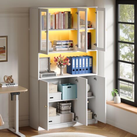 Bibliothèque 100×35×200 cm avec portes vitrées et éclairage LED – étagère autoportante avec vitrine, compartiment ouvert et 3 portes, classeur pour dossiers et livres, blanche (1/5)